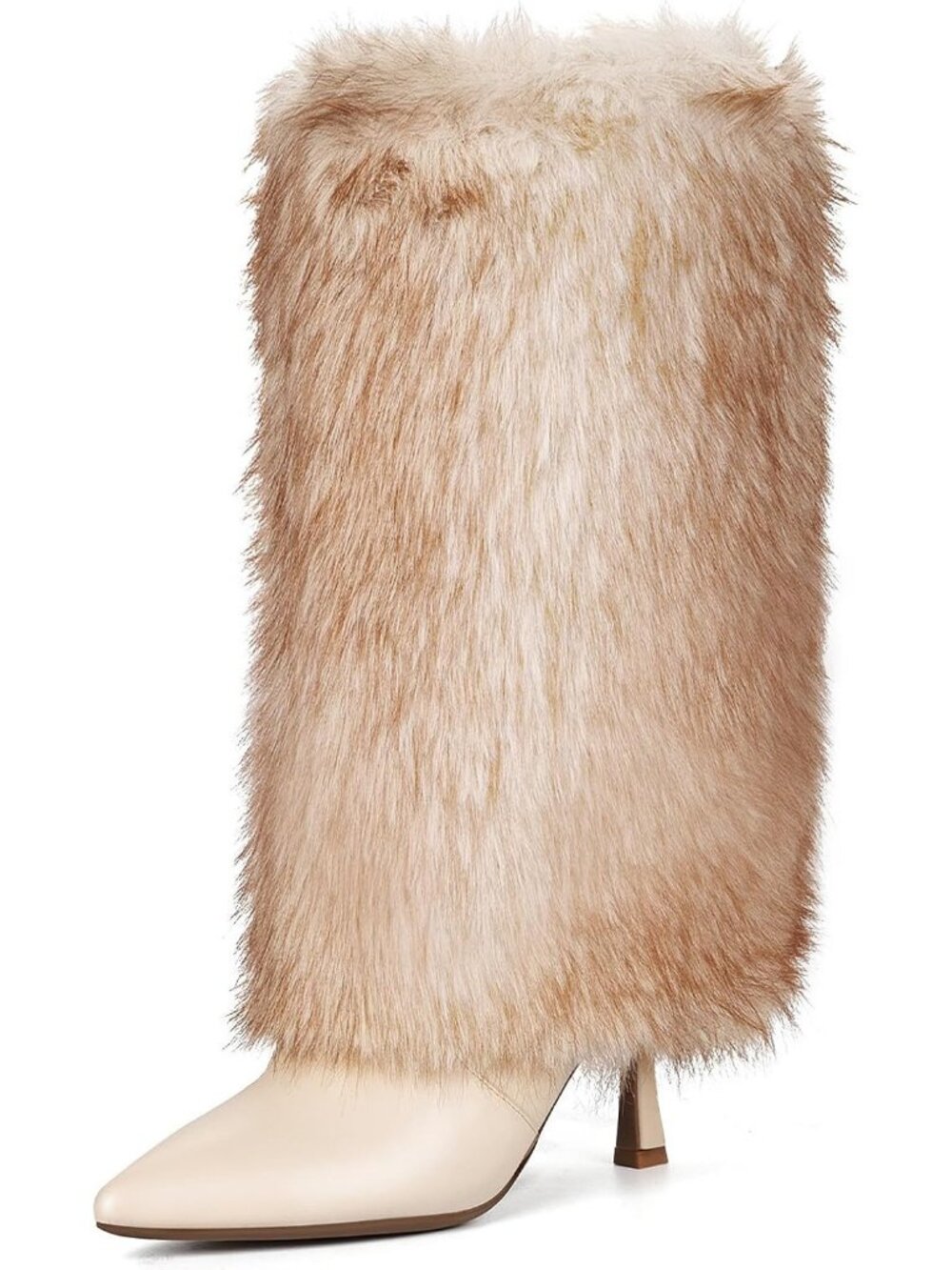 Women's Beige Kitten Heel Mid Calf Fur Boots Pointed Toe Short Boot Side Zip